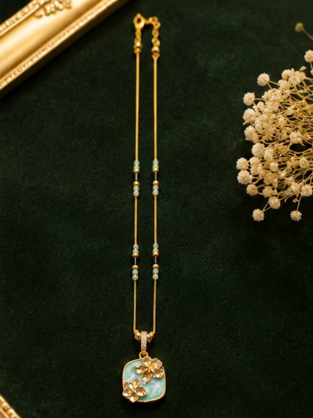 Gold-Tone Necklace with Turquoise Floral Pendant - Women Jewelry